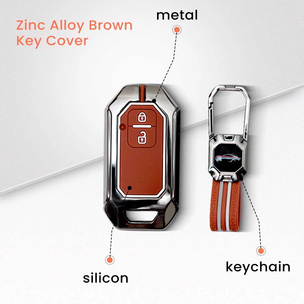 Metal Silicon Key Cover With Zinc Alloy For Suzuki Baleno, Swift, Ertiga, XL6, DZire, Fronx, Scross, Celerio, Ciaz, Brezza, Grand Vitara, Jimny, Ignis - 2 Button Smart Key - 360° Shock-Proof Protection For Suzuki - (Biscuit Brown) - Image 2