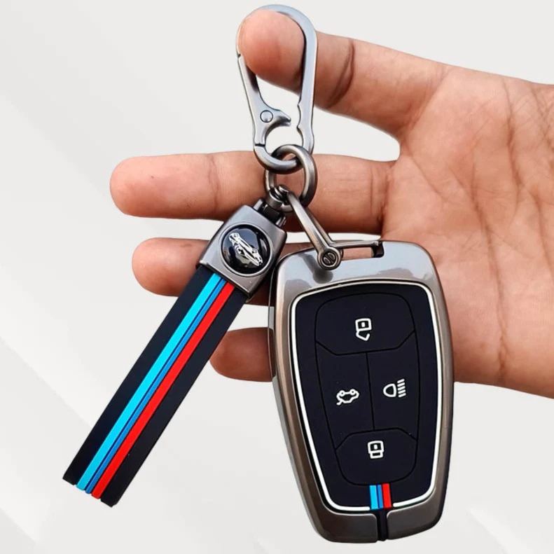 Metal Silicone Key Cover (Belt) for TATA Punch, Tiago, Altroz, Nexon, Harrier, Safari, EV, Sierra | 4 Button Smart Key