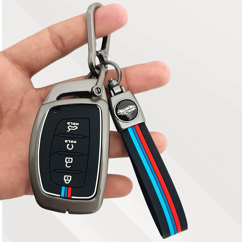 Metal Silicone Key Cover with Belt for Hyundai Alcazar, Creta, Tucson | 4 Button Smart Key