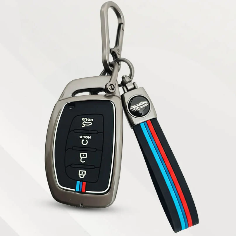Metal Silicone Key Cover with Belt for Hyundai Alcazar, Creta, Tucson | 4 Button Smart Key - Image 2