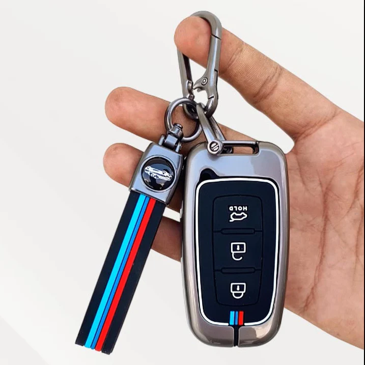 Metal Silicone Key Cover with Belt for Hyundai Elentra, Old Verna, Old i20 | Push Button Smart Key