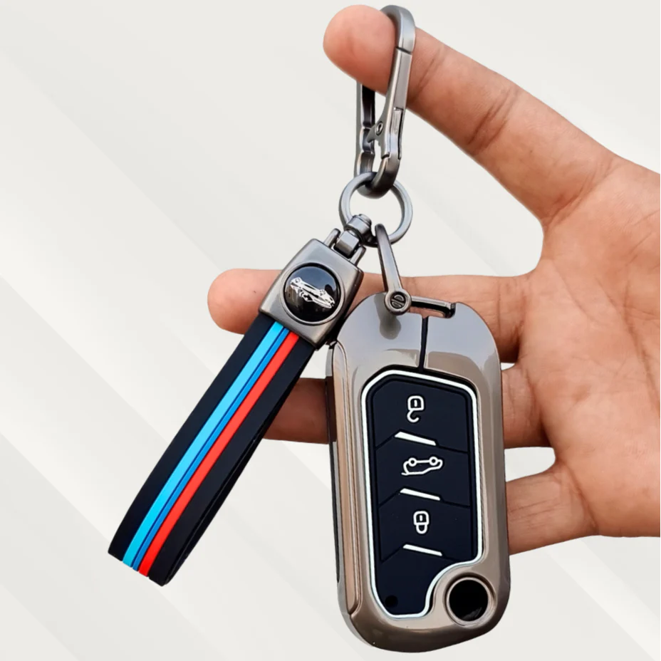 Metal Silicone Key Cover with Belt for Mahindra Scorpio, XUV300, Marazzo, XUV700, 3XO, XUV400 EV, Bolero, Thar, TUV300 & Thar Roxx | 3-Button Flip Key