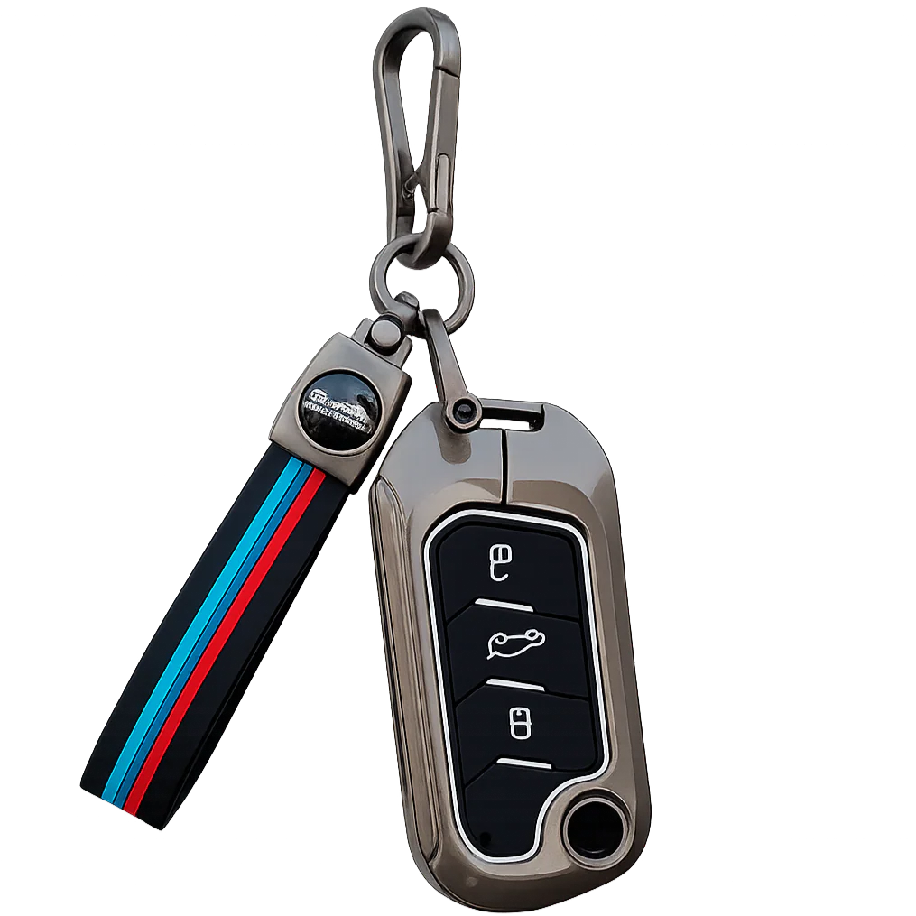 Metal Silicone Key Cover with Belt for Mahindra Scorpio, XUV300, Marazzo, XUV700, 3XO, XUV400 EV, Bolero, Thar, TUV300 & Thar Roxx | 3-Button Flip Key - Image 2