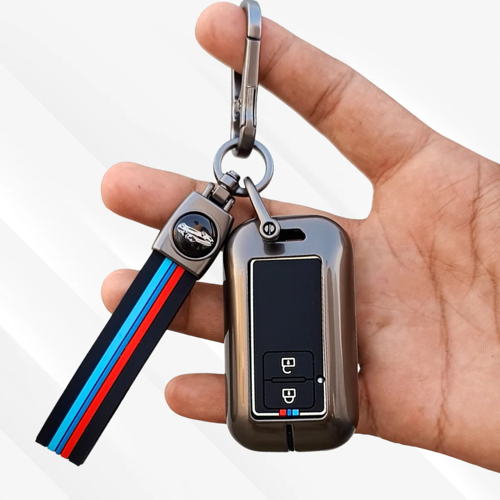 Metal Silicone Key Cover with Belt for Suzuki Baleno, Swift, Ertiga, XL6, DZire, Fronx, Scross, Celerio, Ciaz, Brezza, Grand Vitara, Jimny, Ignis | 2 Button Smart Key