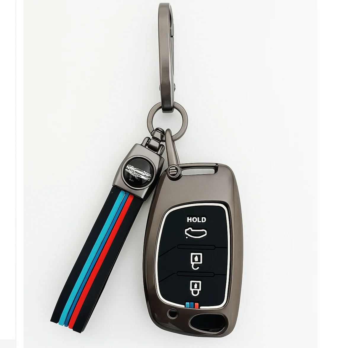 Metal Silicone Key Cover with Belt for With Creta, Venue, Aura, i20,Grand i10 Nios, Xcent | 3 Button Flip Key - Image 2
