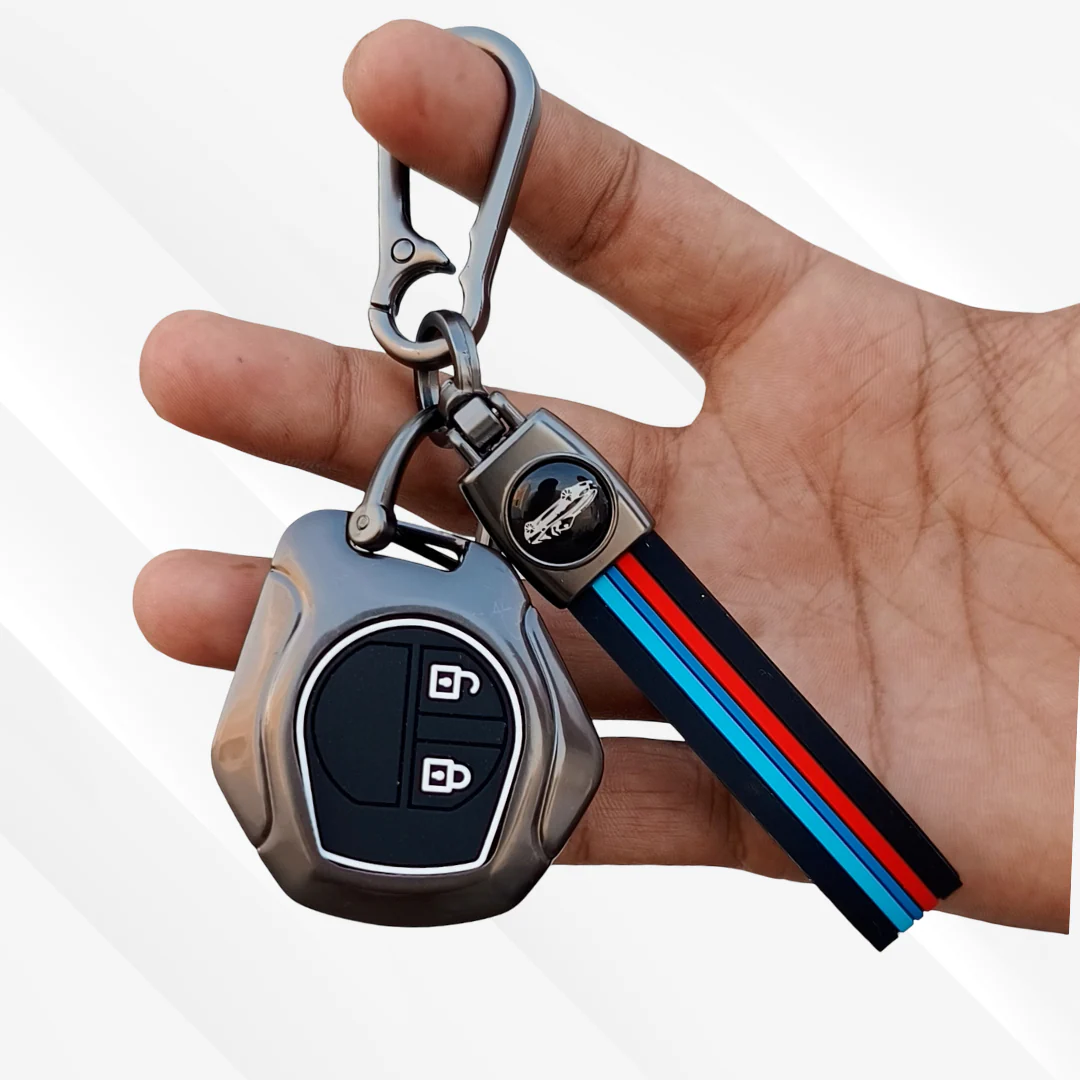 Metal Silicone Key Cover with Belt Suzuki Swift, Dzire, Ertiga, Baleno, Celerio, WagonR, Ritz, Brezza, Scross, Alto, Fronx, XL6, Ciaz, Grand Vitara, Jimny, Alto K10, S Presso, Ignis |for Toyoto Rumion, Hyryder, Urben Cruiser, Galanza | 2 Button Key