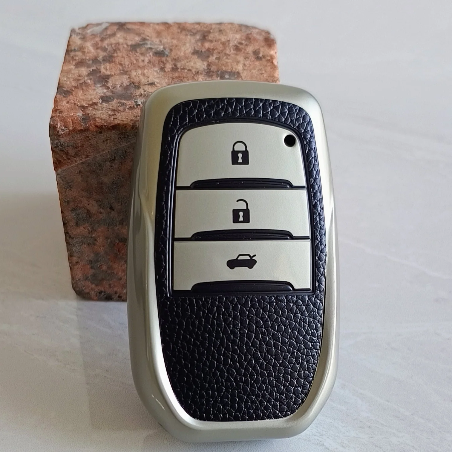 TPU Leather Car Key Cover For Toyota Fortuner, Hilux, Innova Crysta, Legender, Innova HyCross, Land Cruiser | 3 Button Type M1 Push Start Smart Key